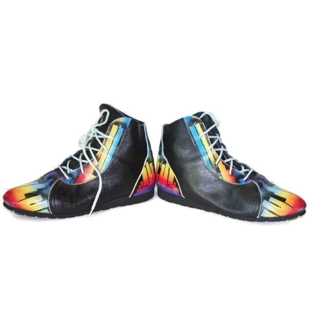 Vintage Ankle Boots Airbrushed City Skyline Painted Booties Black Leather - Picture 5 of 10